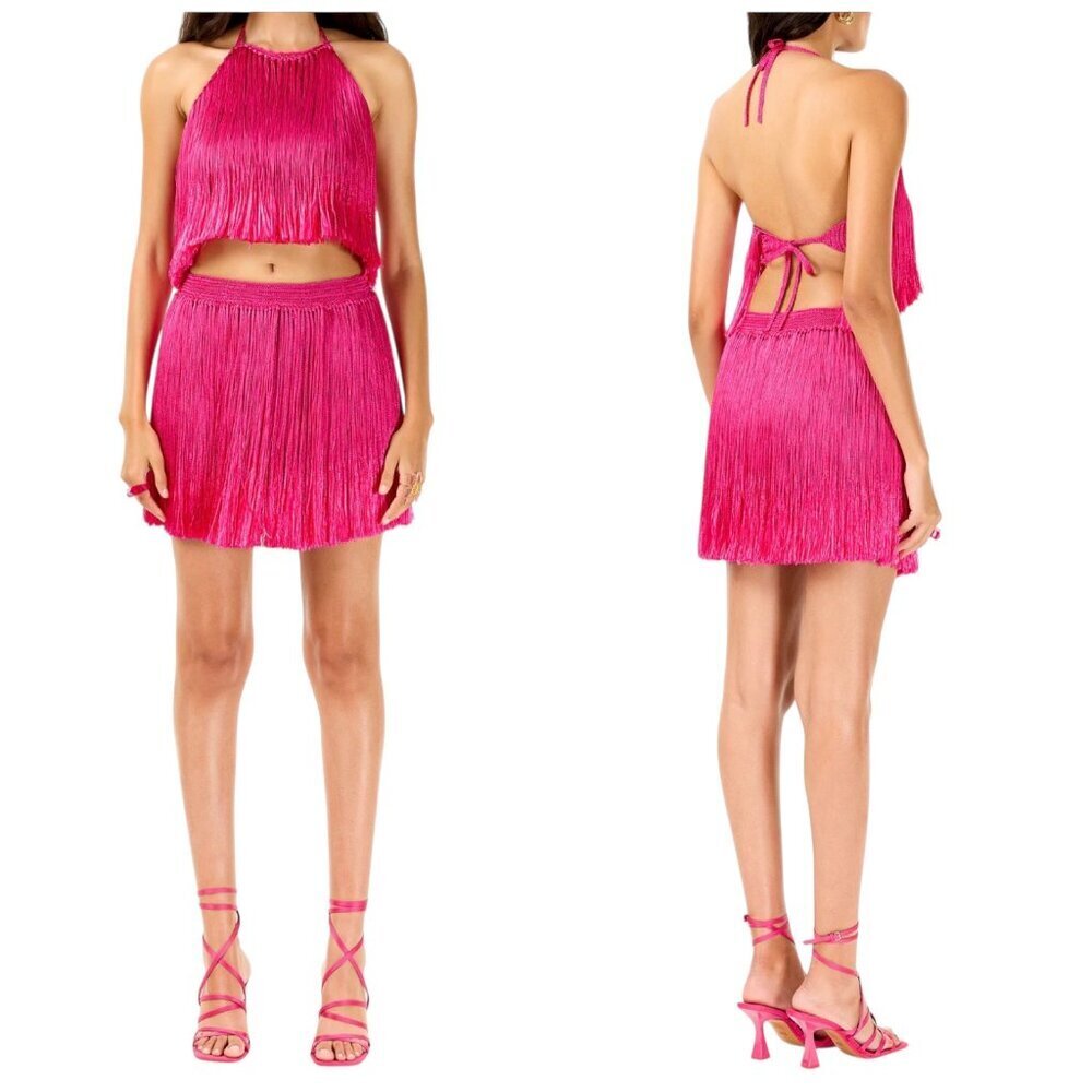 My Beachy Side Meringe Crochet Fringe Halter Top Hot Pink Small